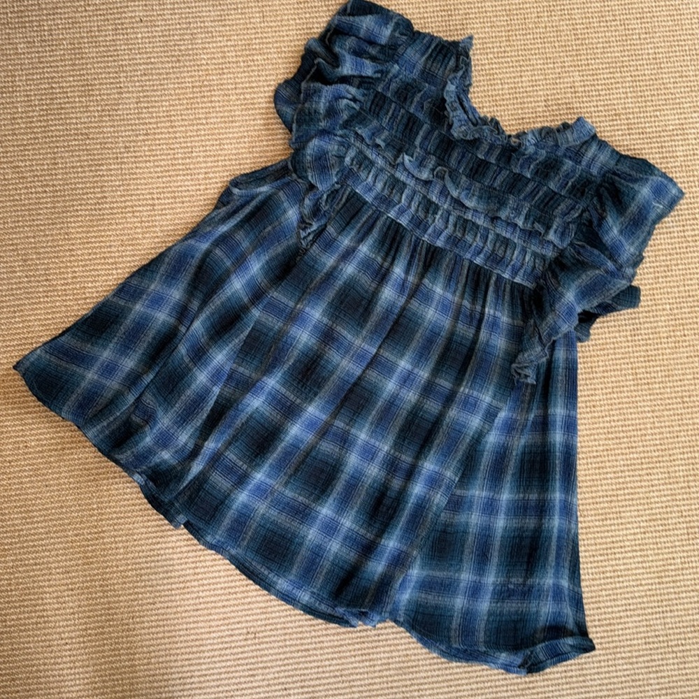 Free People “Not Your Average Girl” Blue Plaid Ruffled Top